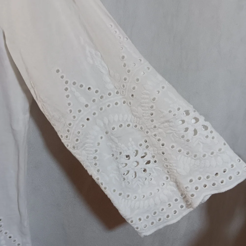 Marina Luna Womens Large Top White Linen Blend Tunic Eyelet Trim Beach Blouse
